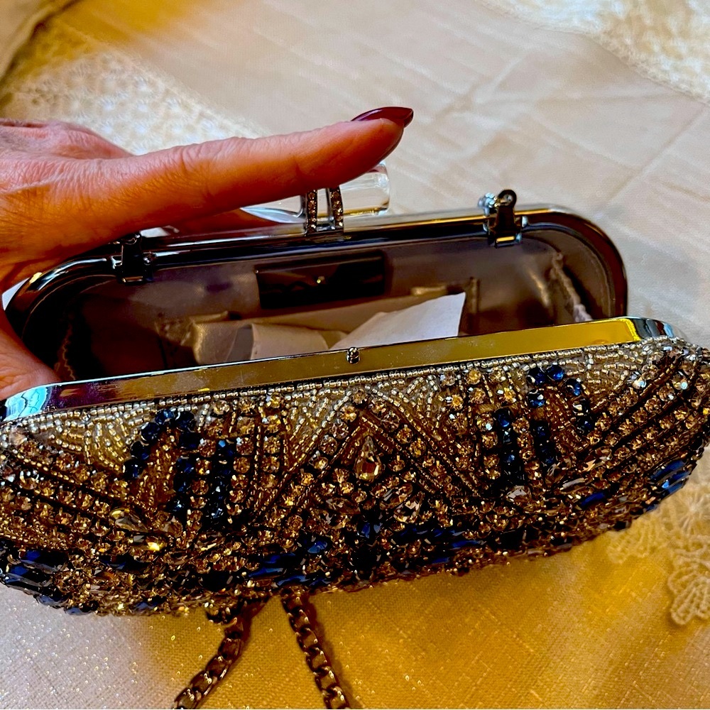 Nina Gelsey women’s Clutch bag | Silver/Blue Multi Glass Bead NWT - Picture 3 of 8